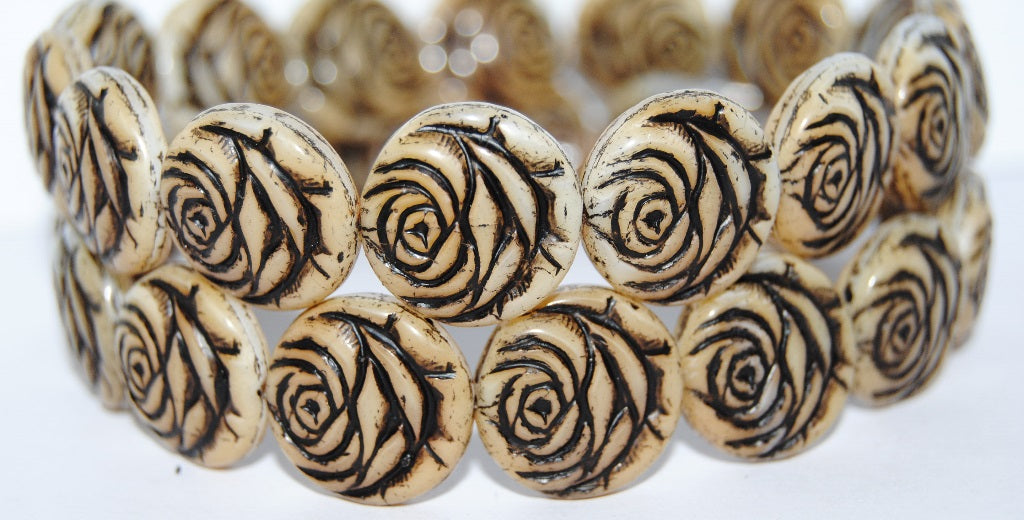 Round Flat Rose Flower Pressed Glass Beads, Dark Beige 23202 (7193 23202), Glass, Czech Republic