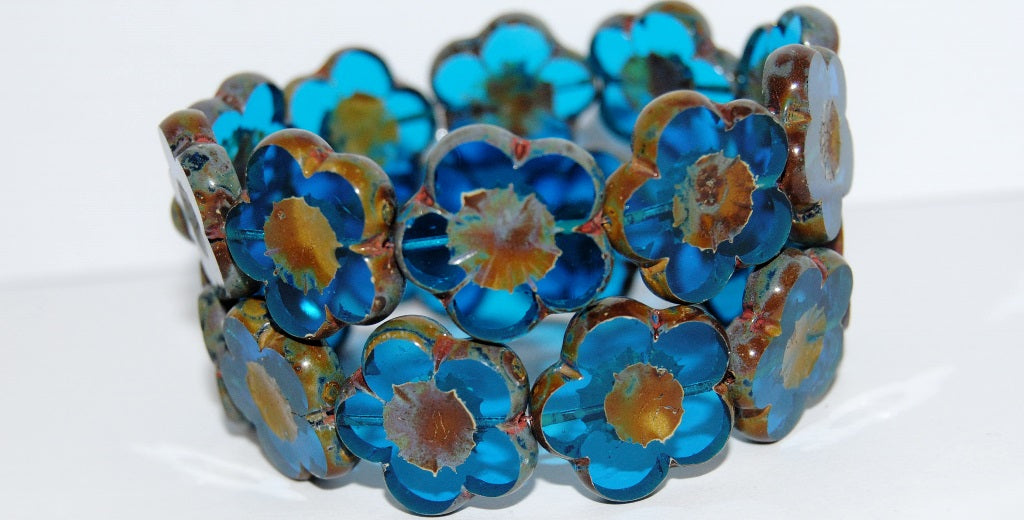 Table Cut Flower Beads Hibiscus, 21 Transparent Aqua Travertin (21 60050 86800), Glass, Czech Republic