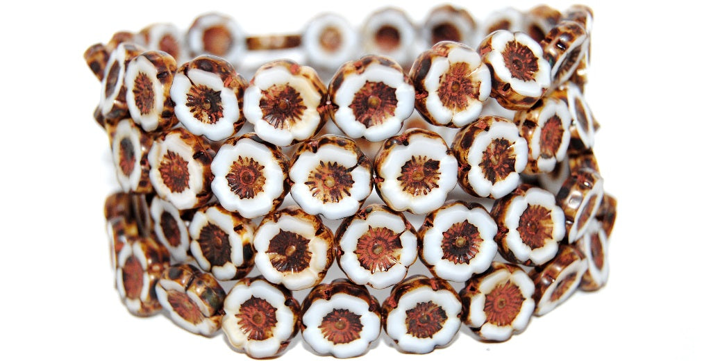 Table Cut Round Beads Hawaii Flowers, Dark Beige Travertin (7193 86800), Glass, Czech Republic