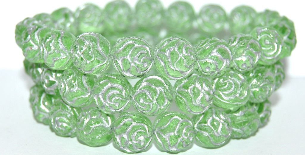 Round Rose Pressed Glass Beads, Transparent Green 54201 Antiq Uranium (50800 54201 Antiq Uranium), Glass, Czech Republic