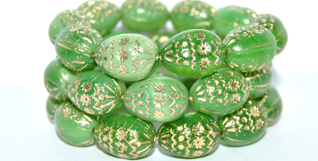 Oval Egg With Decor Pressed Glass Beads, Opal Green 54202 (51010 54202), Glass, Czech Republic