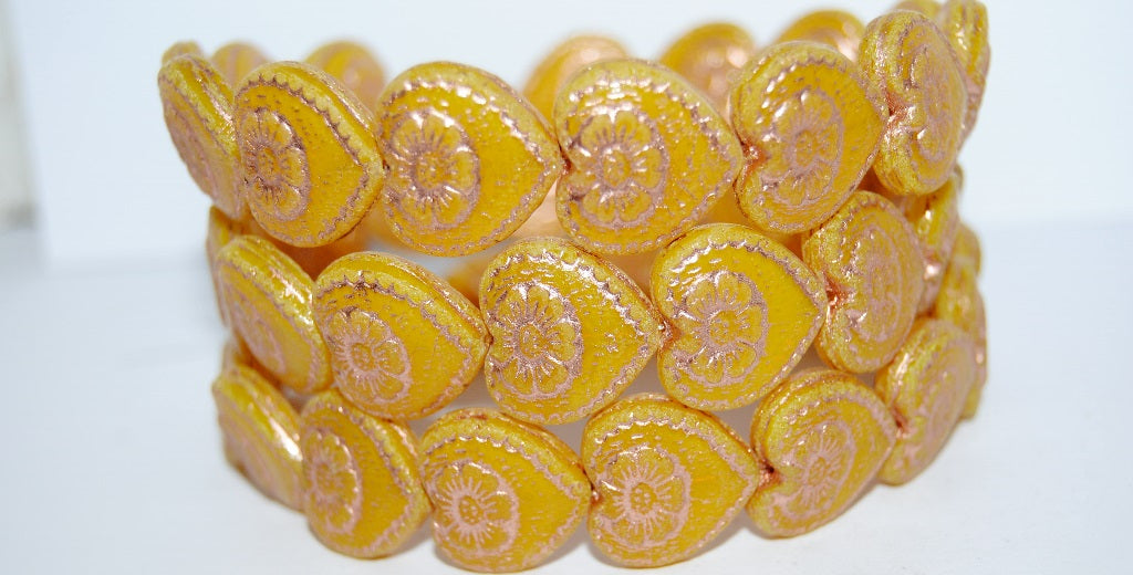 Heart With Flower Pressed Glass Beads, Opal Yellow 54200 (81210 54200), Glass, Czech Republic