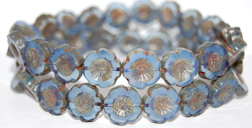 Table Cut Round Beads Hawaii Flowers, Opal Blue 43400 (31000 43400), Glass, Czech Republic