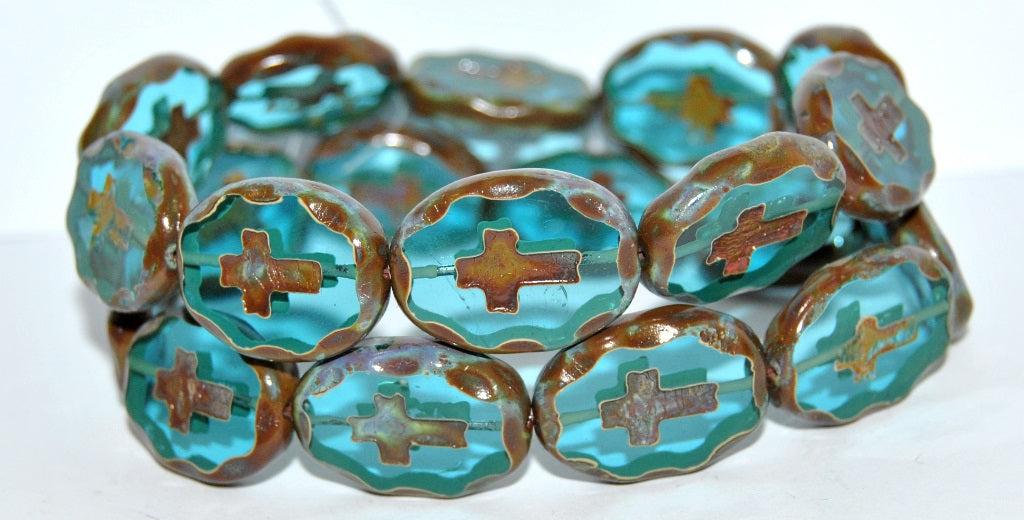 Table Cut Oval Beads With Cross, Transparent Aqua Travertin (60040 86800), Glass, Czech Republic
