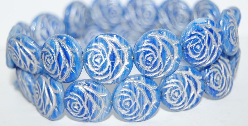 Round Flat Rose Flower Pressed Glass Beads, (65000 54201), Glass, Czech Republic
