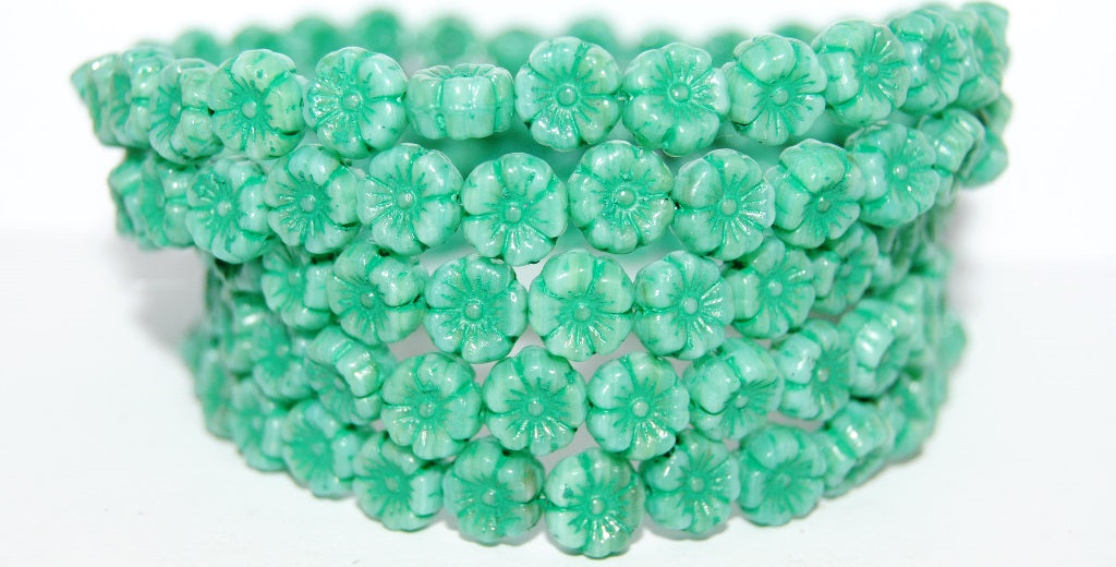 Hawaii Flower Pressed Glass Beads, Opal Aqua 46450 (61300 46450), Glass, Czech Republic