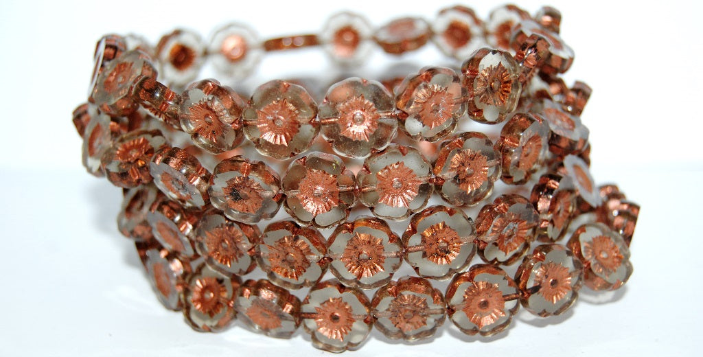 Table Cut Round Beads Hawaii Flowers, Gray 55307 (40010 55307), Glass, Czech Republic