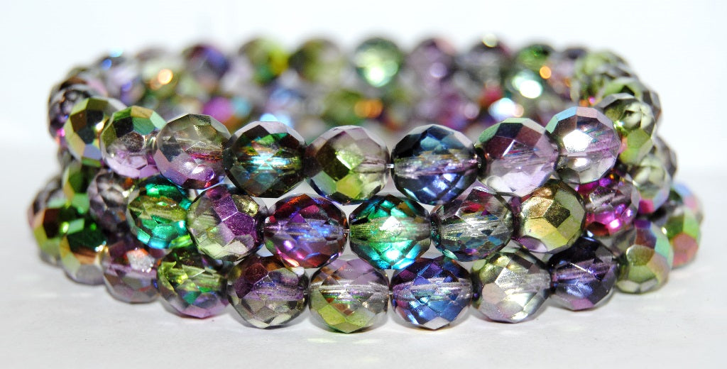 Fire Polished Round Faceted Beads, Crystal Green Purple (30 95000), Glass, Czech Republic