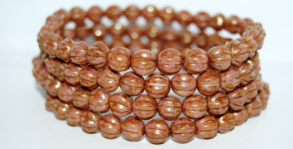 Melon Round Pressed Glass Beads With Stripes, Chalk White Stain With Luster Red (3000 65491), Glass, Czech Republic