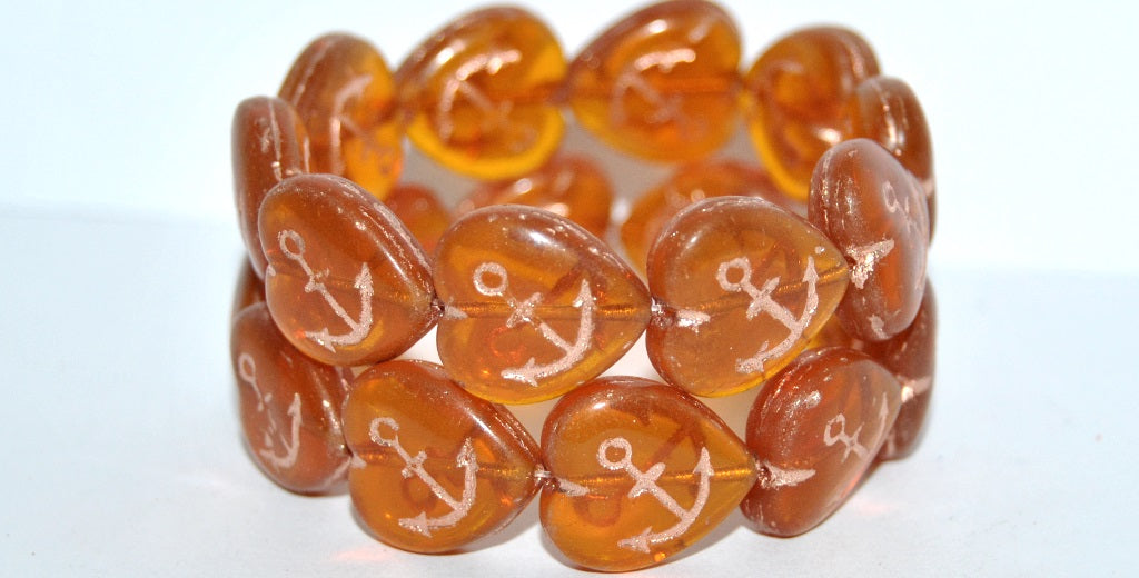 Heart With Anchor Pressed Glass Beads, (Opal Topaz 54200), Glass, Czech Republic