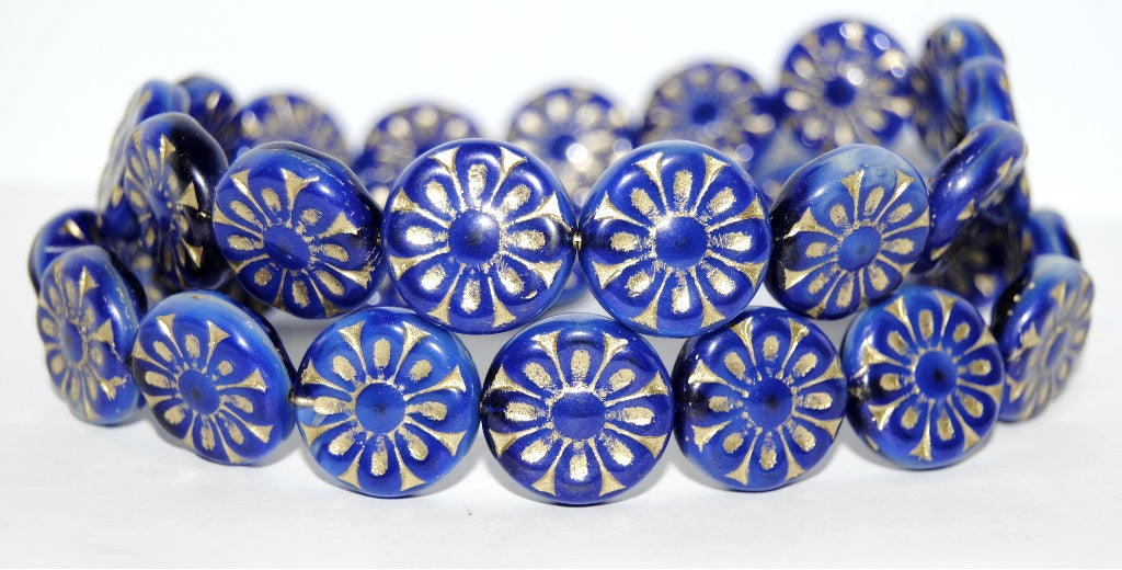 Flat Round With Flower Pressed Glass Beads, (37005 54202), Glass, Czech Republic