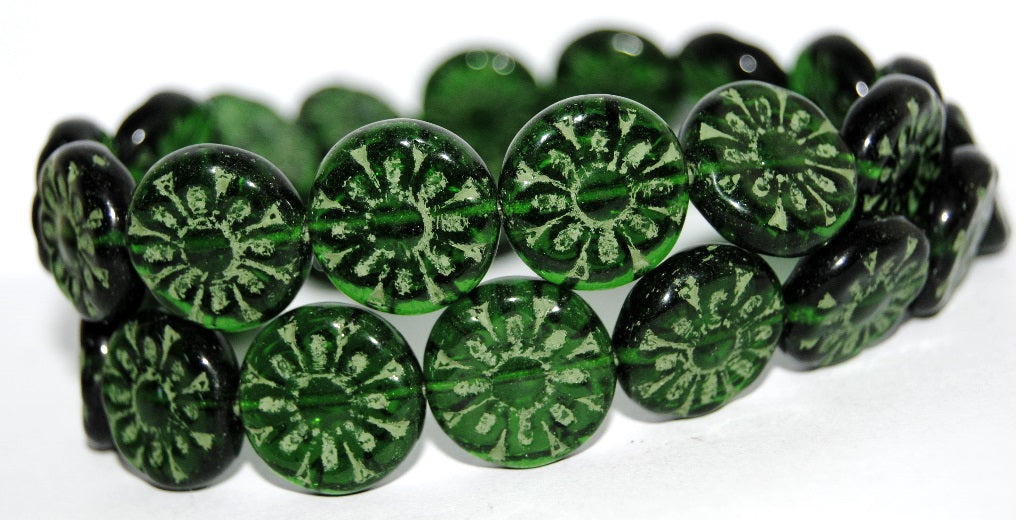 Flat Round With Flower Pressed Glass Beads, Transparent Green Emerald 55202 (50720 55202), Glass, Czech Republic