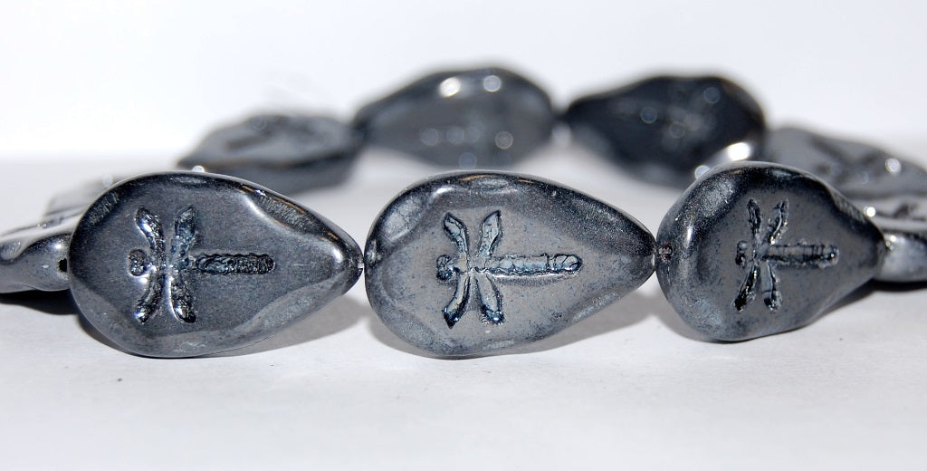 Leaf With Drahonfly Pressed Glass Beads, Black Hematite (23980 14400), Glass, Czech Republic