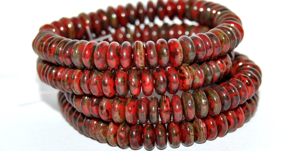 Flat Round Wheel Pressed Glass Beads, Red Travertin (93190 86800), Glass, Czech Republic