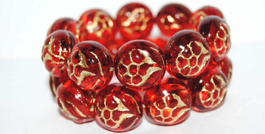Round With Flower Pressed Glass Beads, Transparent Red 54202 (90060 54202), Glass, Czech Republic