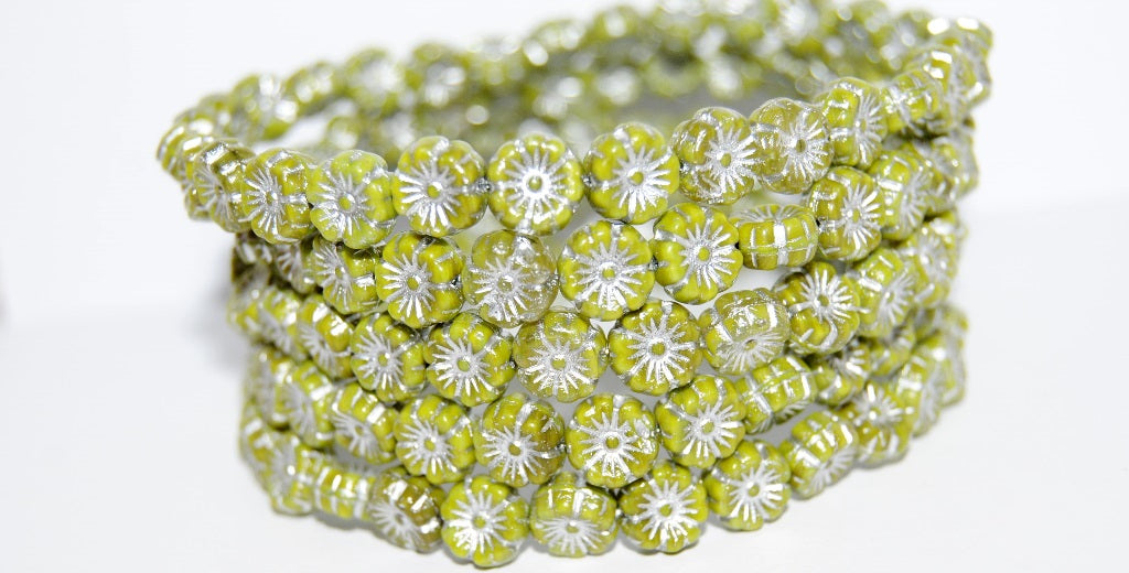 Hawaii Flower Pressed Glass Beads, Opaque Green 54201 (53400 54201), Glass, Czech Republic