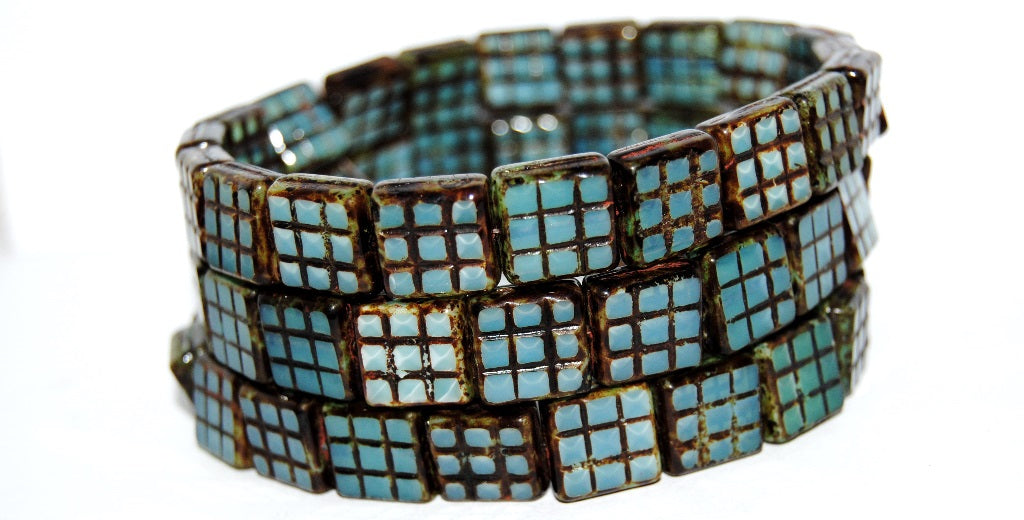 Table Cut Square Beads With Grid, Opal Aqua Travertin (61000 86800), Glass, Czech Republic