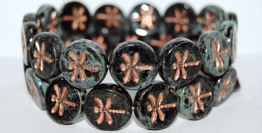 Round Flat Wit Dragonfly Pressed Glass Beads, Black 86 54200 (23980 86 54200), Glass, Czech Republic