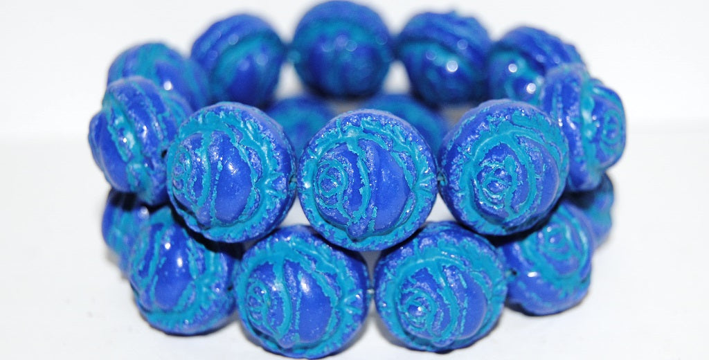 Round With Rose Flower Pressed Glass Beads, Rich Blue 46460 (33060 46460), Glass, Czech Republic
