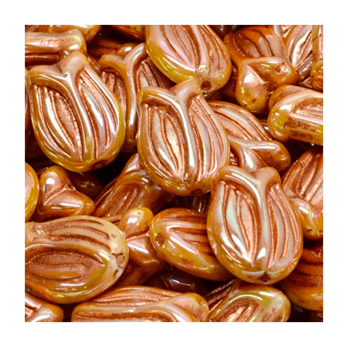 Pressed Czech glass beads flower tulip Yellow Bronze Glass Czech Republic