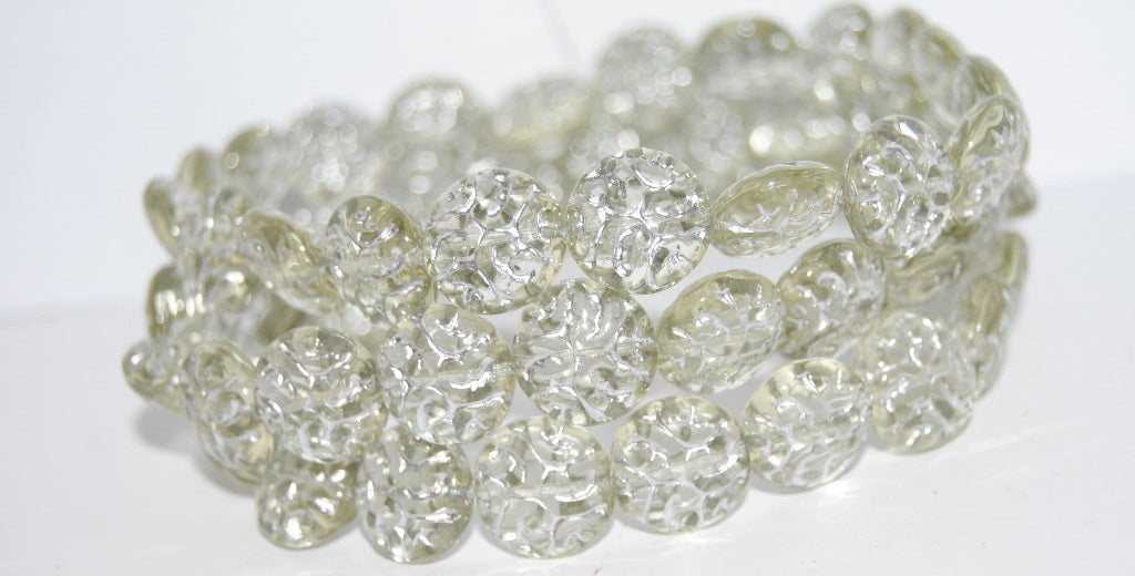 Lentil Round With Ornament Brain Pressed Glass Beads, Transparent Yellow 54201 (80100 54201), Glass, Czech Republic