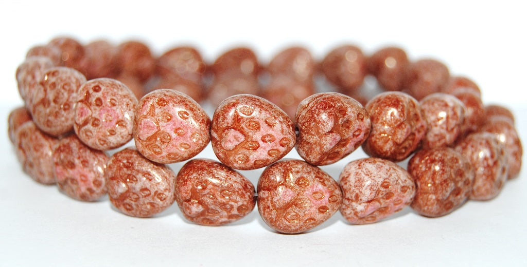 Strawberry Pressed Glass Beads, Chalk White Luster Ruby (3000 14497), Glass, Czech Republic