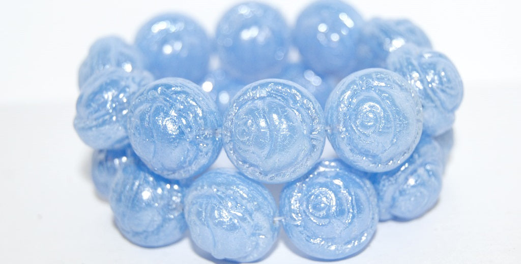 Round With Rose Flower Pressed Glass Beads, Opal Blue Hematite (31010 14400), Glass, Czech Republic