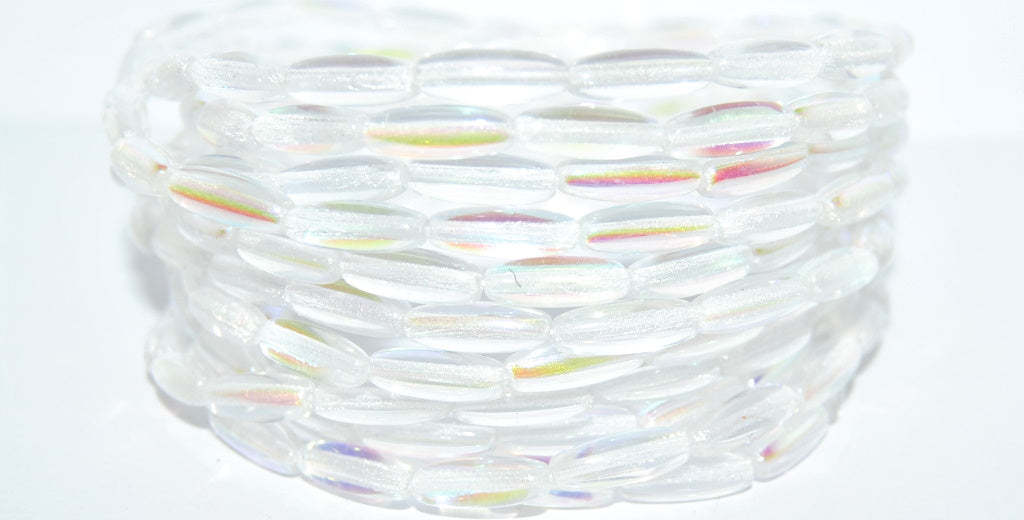 Olive Oval Pressed Glass Beads, Crystal Ab (30 Ab), Glass, Czech Republic