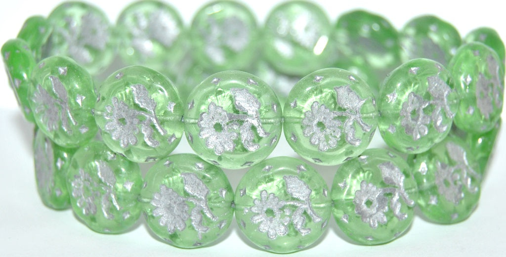 Round Flat With Flower Marguerite Pressed Glass Beads, Transparent Green 54201 Uranium (50800 54201 Uranium), Glass, Czech Republic