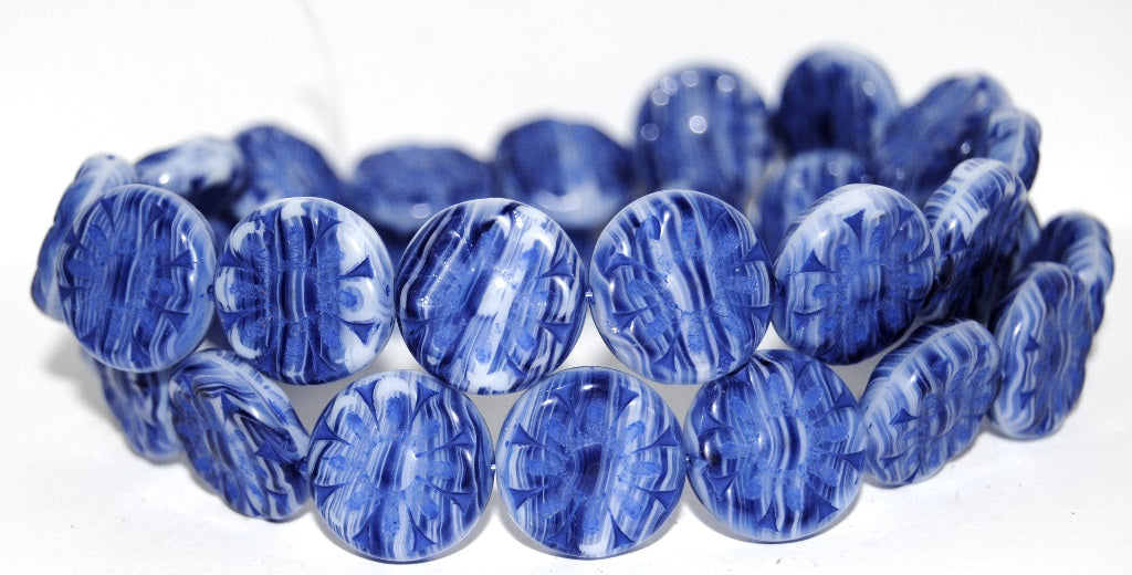 Flat Round With Flower Pressed Glass Beads, Opaque White Blue Striped 33202 (35000 33202), Glass, Czech Republic