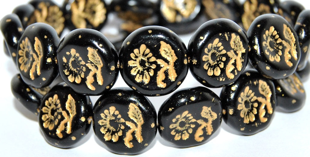 Round Flat With Flower Marguerite Pressed Glass Beads, Black 43804 Metalic (23980 43804 Metalic), Glass, Czech Republic