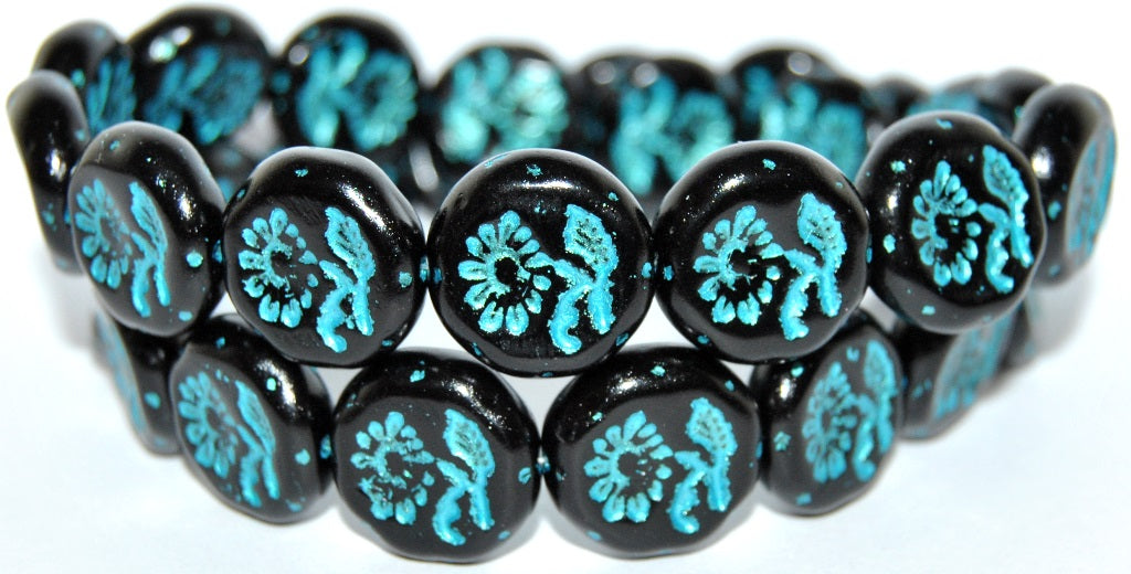 Round Flat With Flower Marguerite Pressed Glass Beads, Black 43811 Metalic (23980 43811 Metalic), Glass, Czech Republic