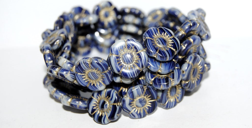 Round Flat Flower Pressed Glass Beads, (35020 54202), Glass, Czech Republic