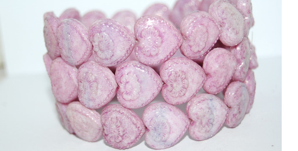 Heart With Flower Pressed Glass Beads, White Luster Lila (2010 14494), Glass, Czech Republic