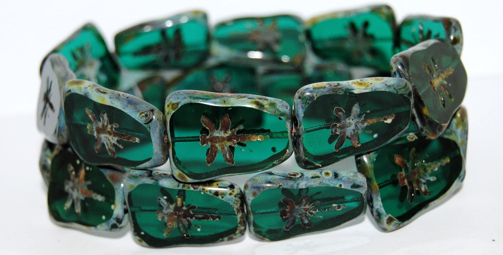 Table Cut Rectangle Beads With Dragonfly, Transparent Green Emerald 66800 (50720 66800), Glass, Czech Republic