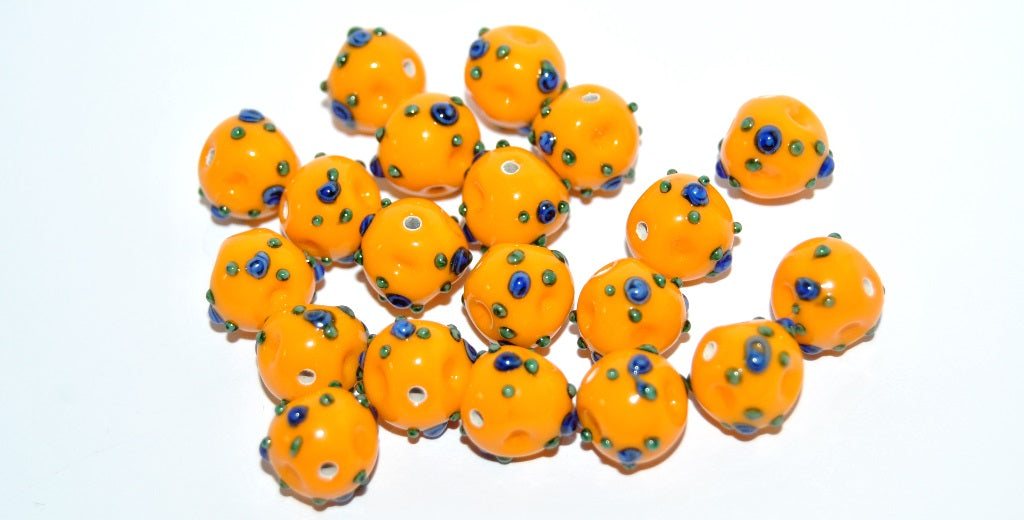 Czech Glass Hand Made Round Lampwork Beads With Flower, (10 A), Glass, Czech Republic