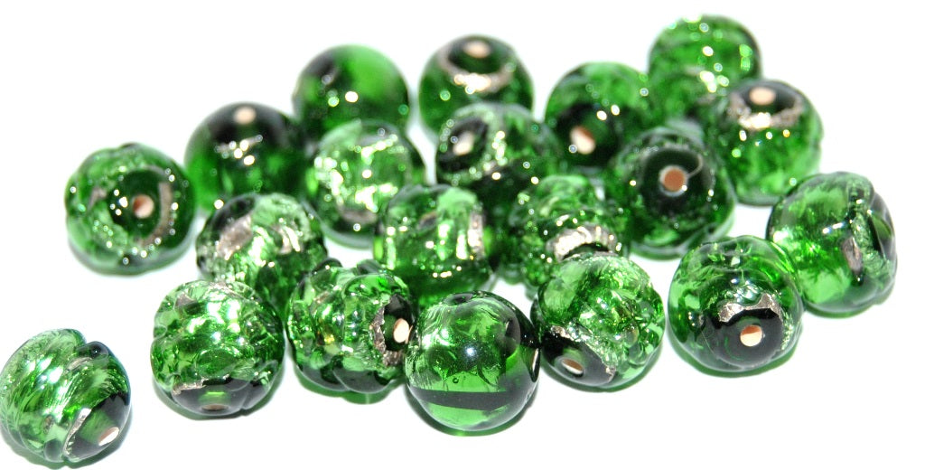 Czech Glass Hand Made Round Lampwork Beads With Silver Plates, (10 P), Glass, Czech Republic