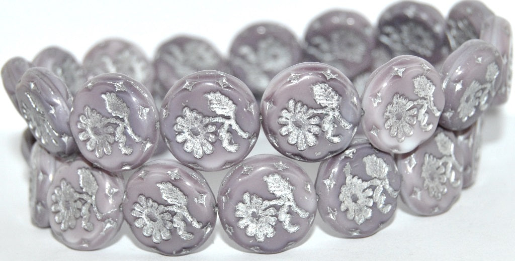 Round Flat With Flower Marguerite Pressed Glass Beads, (7224 54201), Glass, Czech Republic