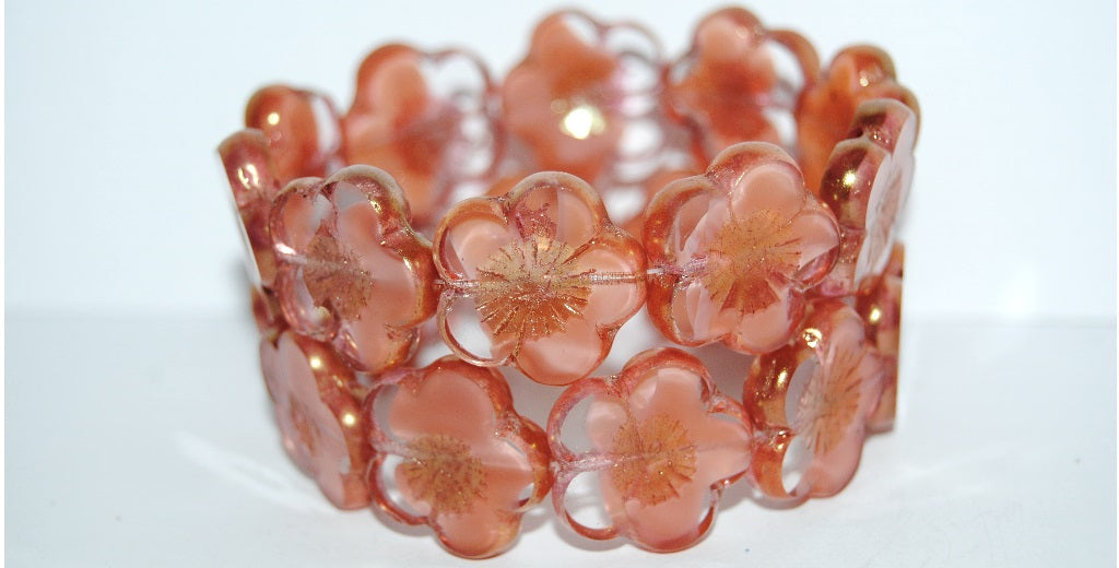 Table Cut Flower Beads Hibiscus, 21 Opaque Pink Luster Red Full Coated (21 76028 14495), Glass, Czech Republic