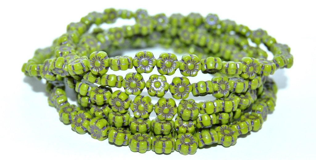 Hawaii Flower Pressed Glass Beads, Green 43810 Metalic (53420 43810 Metalic), Glass, Czech Republic