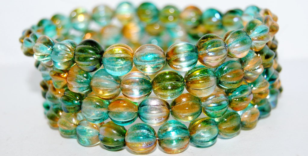 Melon Round Pressed Glass Beads With Stripes, 48124 (48124), Glass, Czech Republic