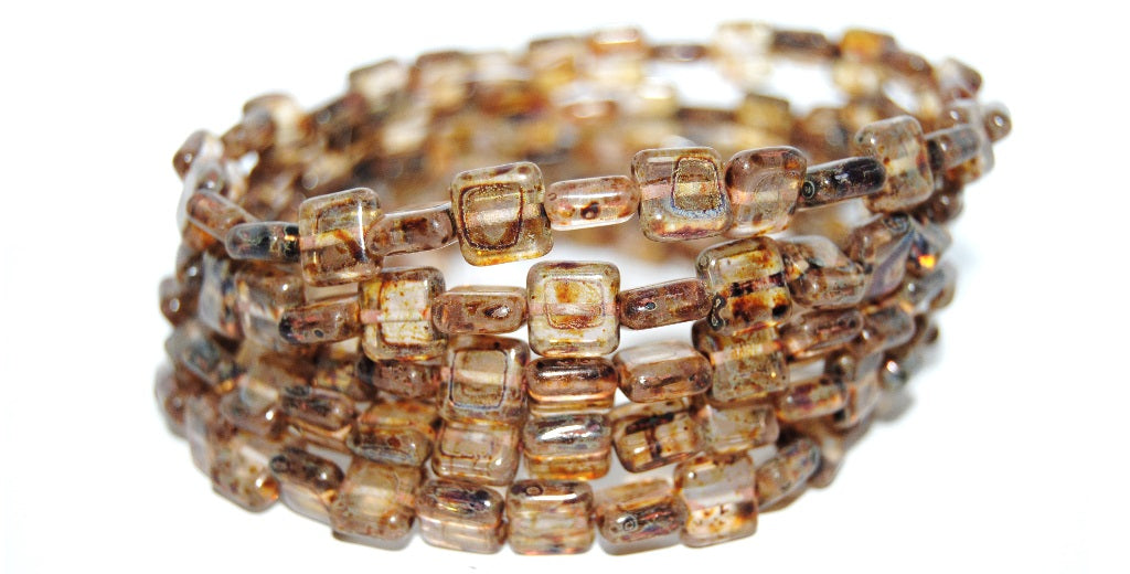 Flat Square Pressed Glass Beads, Transparent Light Amethyst Travertin (20020 86800), Glass, Czech Republic