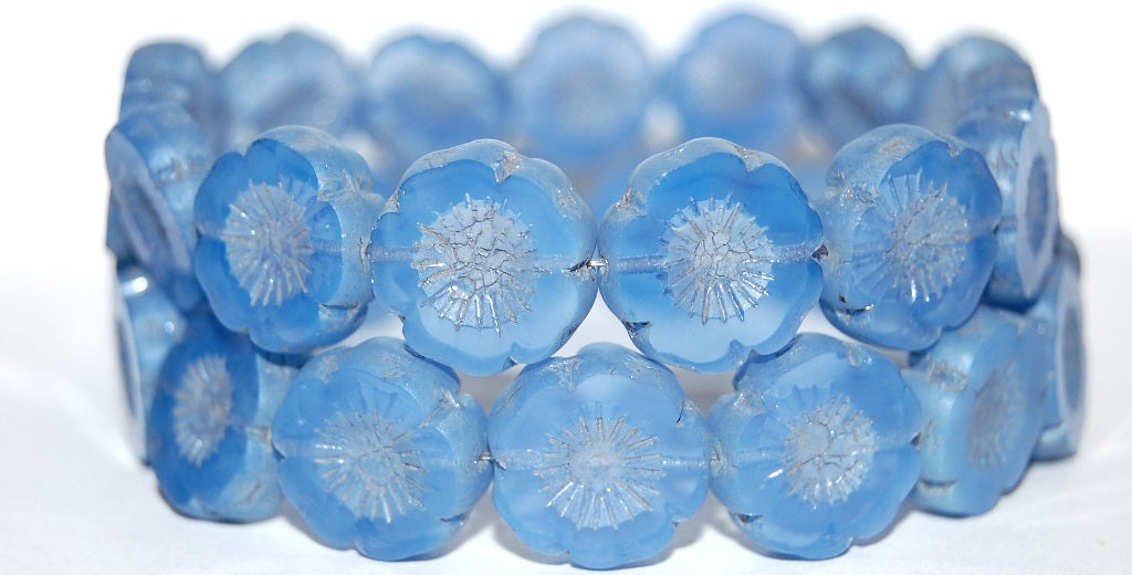 Table Cut Round Beads Hawaii Flowers, Opal Blue Luster Cream (31000 14401), Glass, Czech Republic