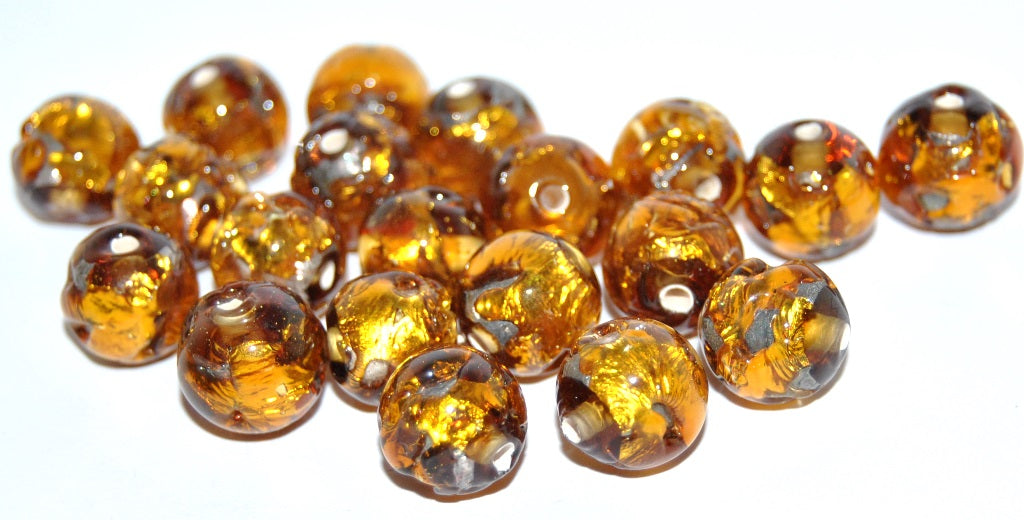 Czech Glass Hand Made Round Lampwork Beads With Silver Plates, (10 I), Glass, Czech Republic