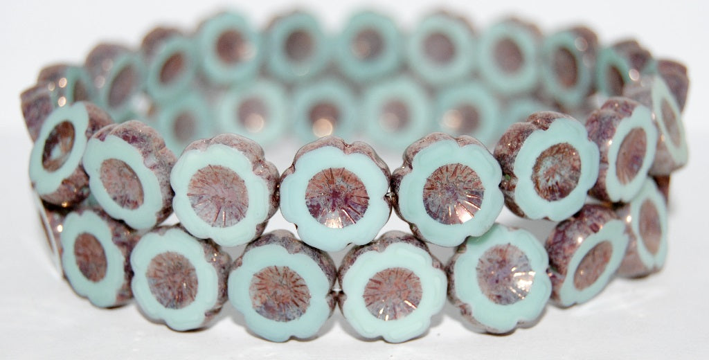 Table Cut Round Beads Hawaii Flowers, Turquise Bronze (63110 14415), Glass, Czech Republic