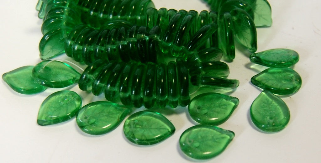 Leaf Pressed Glass Beads, Transparent Green (50130), Glass, Czech Republic