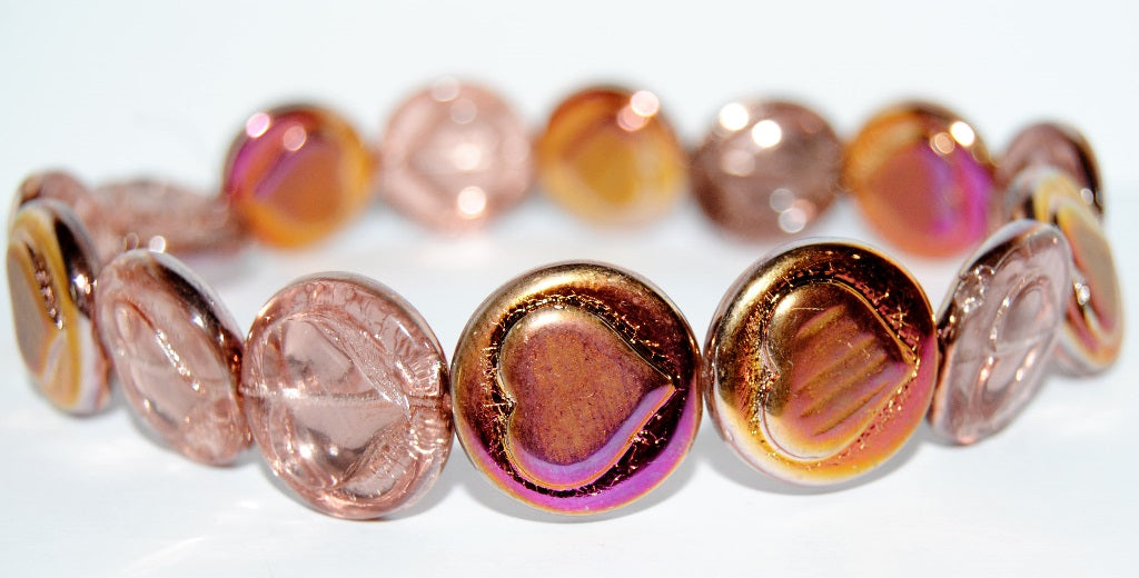 Round Flat Wit Convex Heart Pressed Glass Beads, Crystal 29500 (30 29500), Glass, Czech Republic