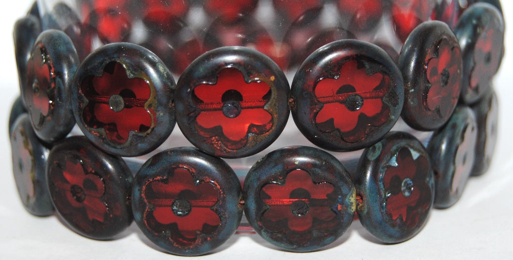Table Cut Round Beads With Flower, Ruby Red Travertin (90080 86800), Glass, Czech Republic