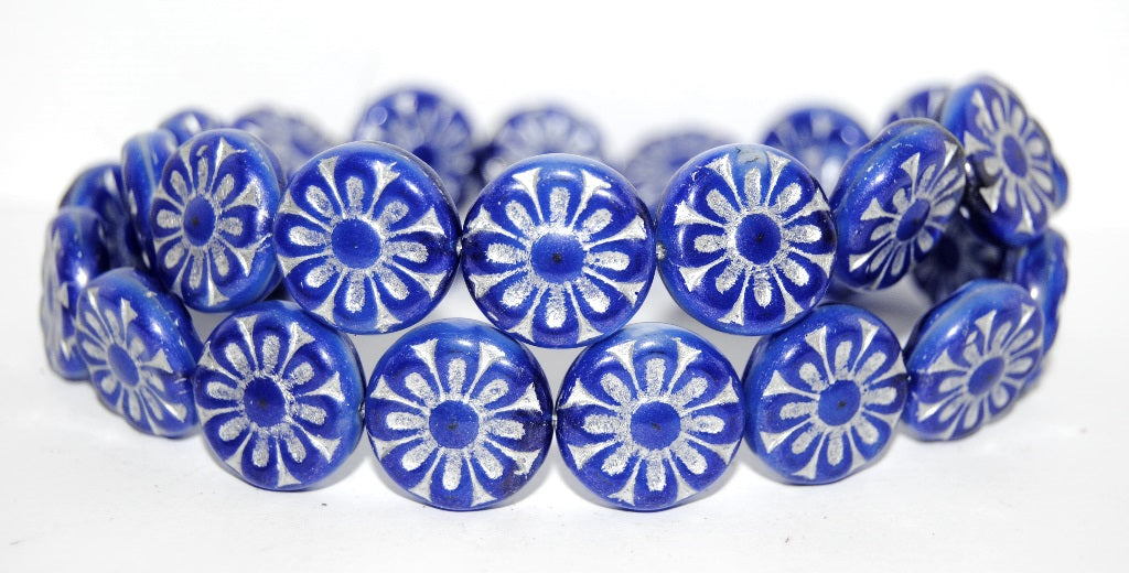Flat Round With Flower Pressed Glass Beads, (37005 54201), Glass, Czech Republic
