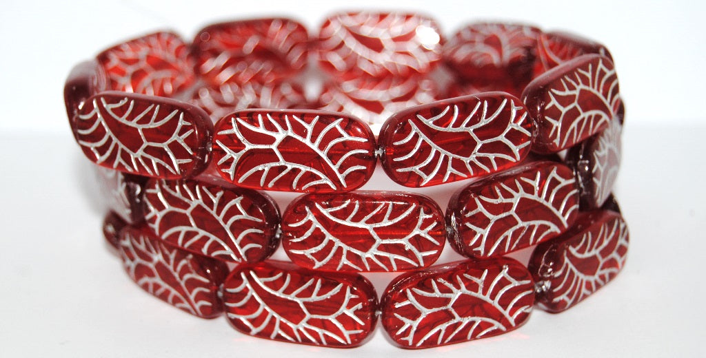 Rectangle With Ornament Pressed Glass Beads, Transparent Red 54201 (90060 54201), Glass, Czech Republic